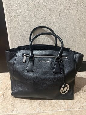 Michael Kors Black Leather Tote with Silver Hardware